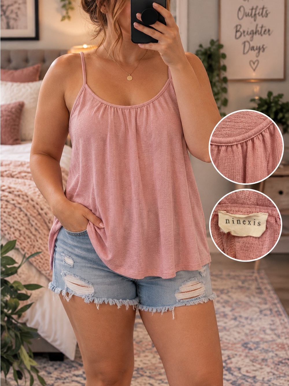 Ninexis Dusty Rose Loose Fit Cami Tank Top Soft Textured Summer Top | L